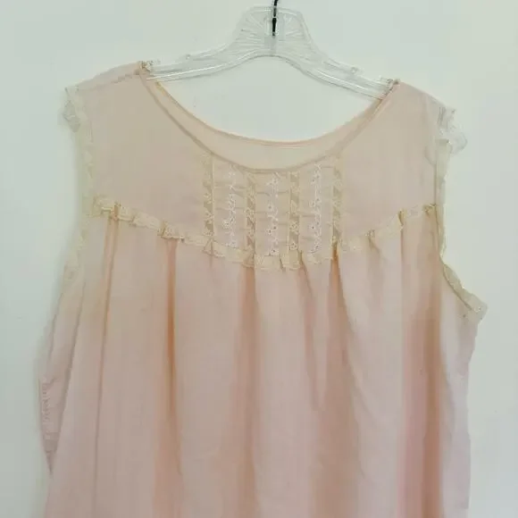 Vintage Baby Doll Pale Pink Cotton Lace Sleeveless Nightgown Size Medium - Picture 2 of 3
